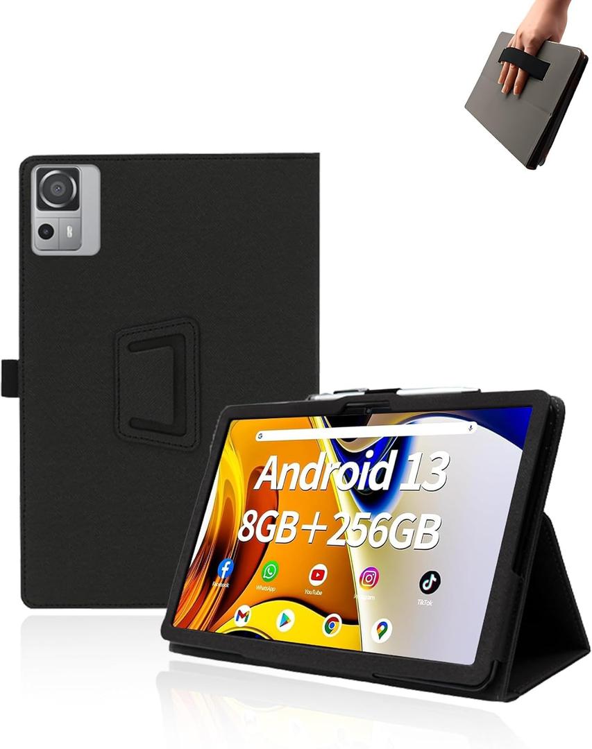 Case for SGIN T12S Tablet 12 inch Android 13 Tablets,UYRUREL Leather Slim Folding Stand Cover with Hand Strap Magnet for Men Women Full Protection,Black.