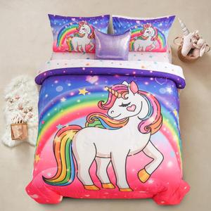 Aimuan Girls Unicorn Comforter Set 6 Pieces Pink Purple Bedding Set with Rainbow Star Galaxy Stars Fantasy Children Room Decor Soft Reversible Bed Sets for Boys/Girls/Teens (Pink-Purple Twin6Pcs)