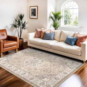 Living Room 4x6 Area Rugs: Vintage Farmhouse Washable Non-Slip Rug for Bedroom Dining Room Ultra Soft Indoor Carpet for Nursery Kitchen Durable Low-Pile Neutral Floor Mat for Pet Owners(4x6 Beige)