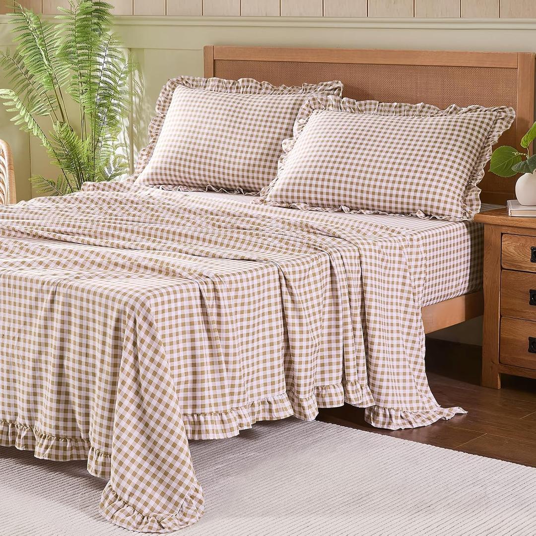 Gingham Full Sheet Set, Lightweight Super Soft Brushed Microfiber Plaid Bed Sheets with 16" Deep Pocket, 4 Piece Ruffle Farmhouse Bedroom Decor, Taupe