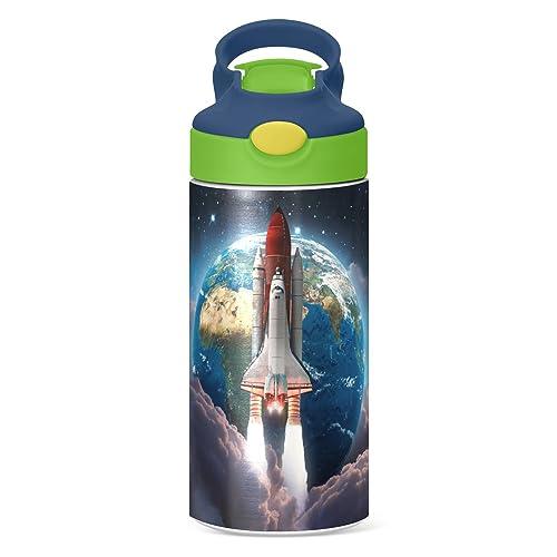 Outer Space Rocket Kids Water Bottle with Straw and Carry Handle Galaxy Planet Earth Satellite Vacuum Insulated Stainless Steel Bottles 12 oz Green Lid Leak-Proof for Boys Girls Toddler 4-8 Years Old
