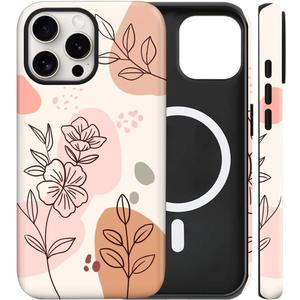 Magnetic for iPhone 15 Case Cute Blossom Floral Flowers Phone Case, Shockproof Slim TPU and Hard PC Protective Phone Cover Compatible with MagSafe Designed for Women Girls (Beige)