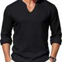 Men's Cotton Linen V Neck Shirt Casual Long Sleeve Summer Beach Yoga Tops Loose Fit Lightweight Hippie Outfits, Medium