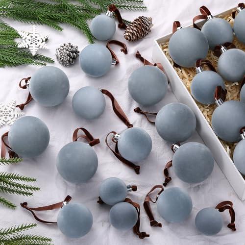 PullCrease 40 Pcs Dusty Blue Velvet Christmas Balls Flocked Christmas Tree Hanging Ornaments Neutral Shatterproof Plastic Velvet Ball for Xmas Tree Decor