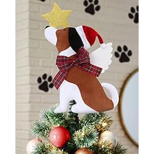Dog Christmas Tree Topper with Glitter Star & Wings Xmas Tree Ornament Black and White Puppy Winter Holidays Home Decoration Puppy Wreath Attachment Festive Gift Ideas Supplies