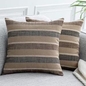 2 Pieces Decorative Classic Retro Stripe Throw Pillow Cover Wite Hidden Zipper Soft Linen Modern Farmhouse Cushion Case for Sofa Bedroom Car 20 x 20 Inch Black Brown Mixed