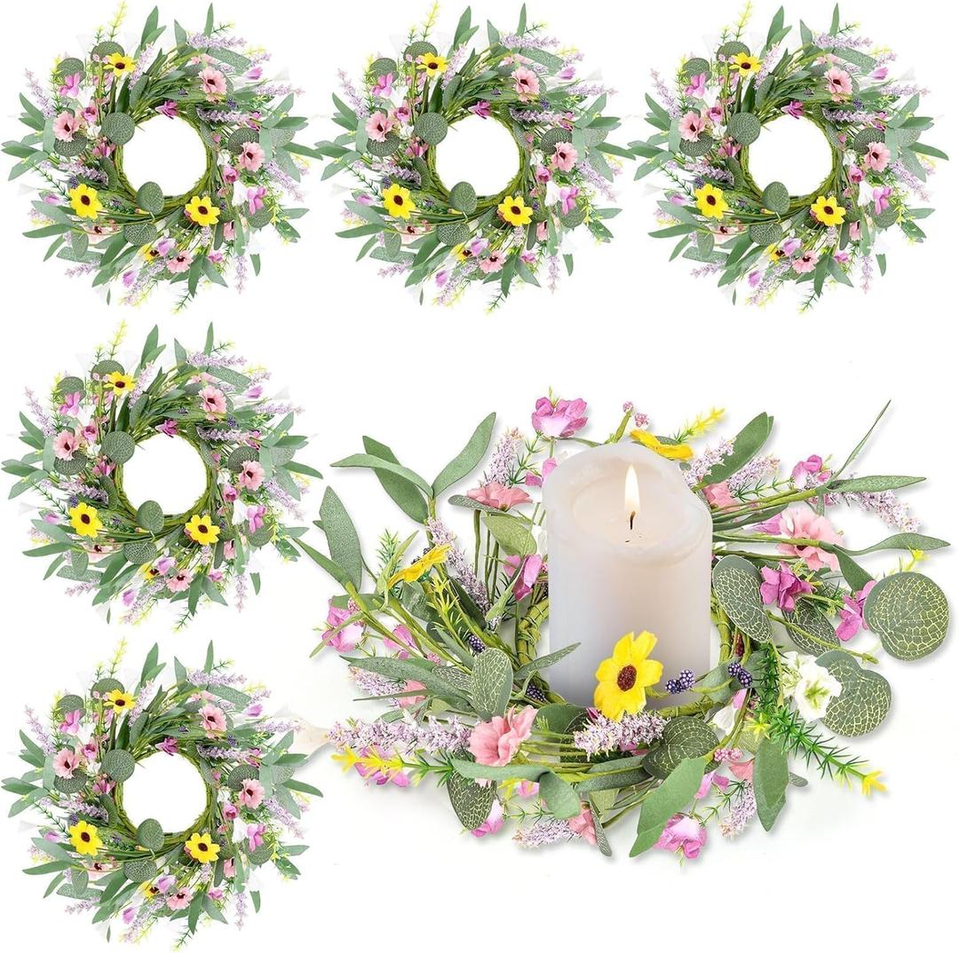 6 Pcs Spring Summer Artificial Flowered Wreath Mini Floral Wedding Candle Rings Wreaths 3inch Kitchen Cabinet Swags Wreath Pillar Candle Holder for Wedding Spring Summer Home Door Tabletop Decoration