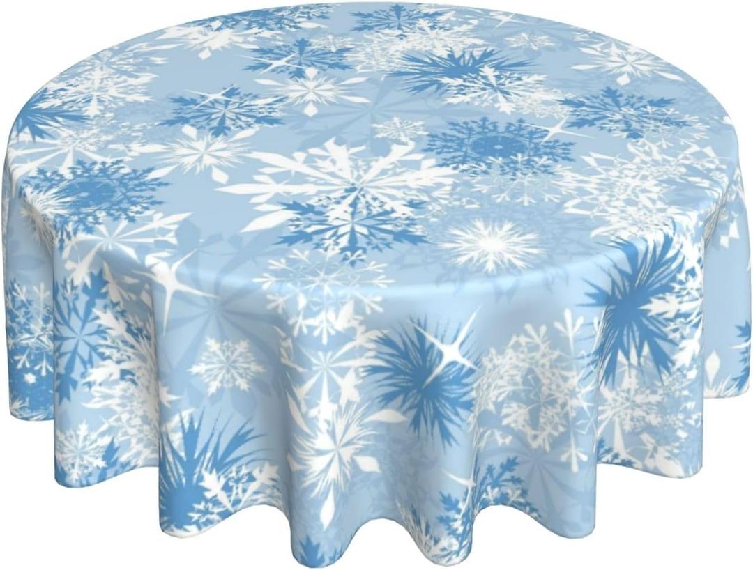 Christmas Tablecloth Round 60 x 60 Inch Winter Blue White Snowflake Round Table Cloth Polyester Fabric Xmas Table Cover for Kitchen Party Picnic Outdoor Decor