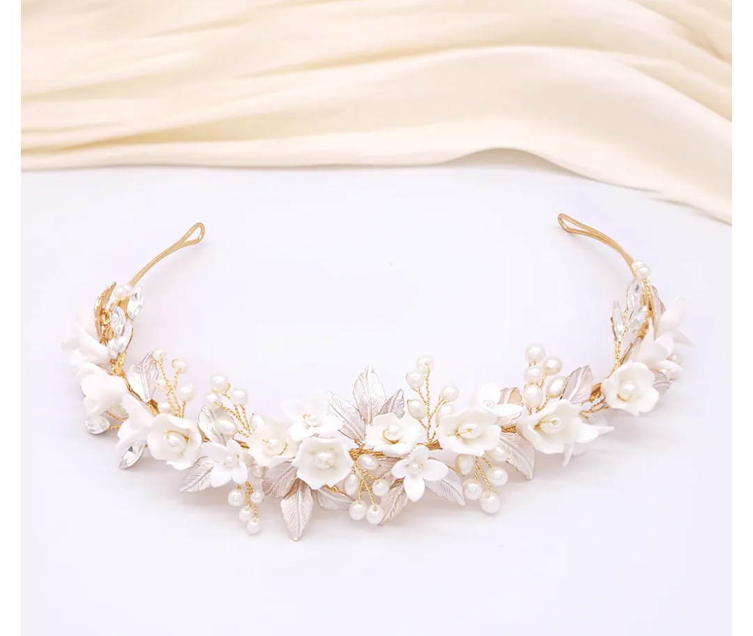 Oriamour Gold Bridal Headbands Wedding Headpieces With Ceramic Flowers Wide Pearl Wedding Hair Accessories For Women And Girls