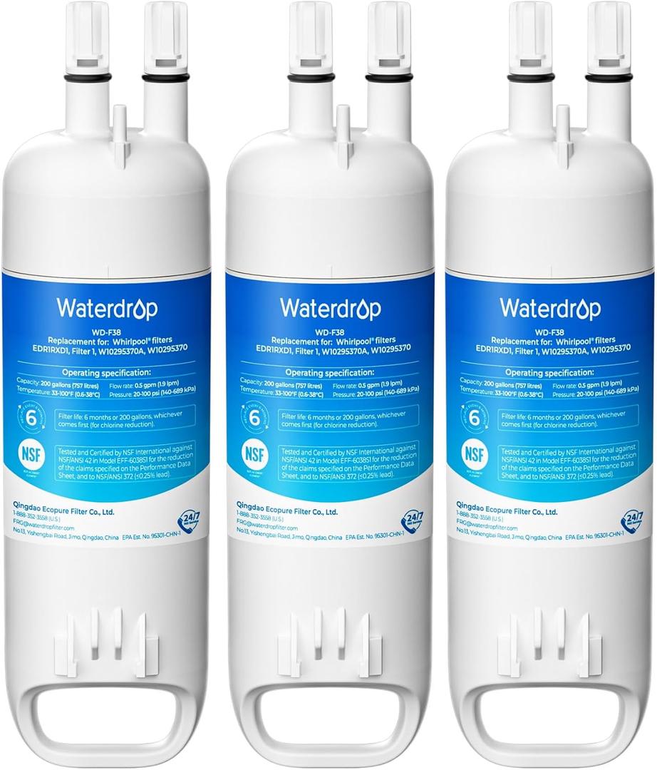 Waterdrop EDR1RXD1 Replacement for Everydrop Filter 1, W10295370A, EDR1RXD1B, P8RFWB2L, P4RFWB, Kenmore 46-9081, 46-9930, WD-F38 Refrigerator Water Filter, 3 Pack