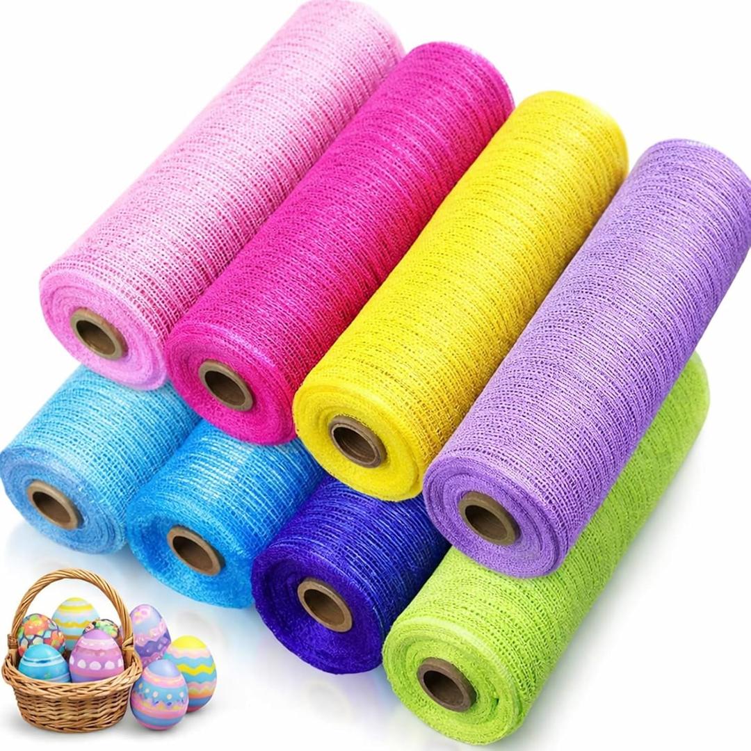 Timgle 8 Rolls Spring Easter Decor Mesh Ribbon for Wreath Making 10in x 30ft Pastel Coloful Poly Burlap Mesh Roll Fabric DIY Crafts for Holiday Wedding Decor Decorative(Light Color)