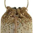 DJBM Ladies Full Diamonds Bucket Handbag Rhinestone Evening Bag Bling Clutch Purse for Women Party Prom Cocktail Wedding (Multi Gold L)