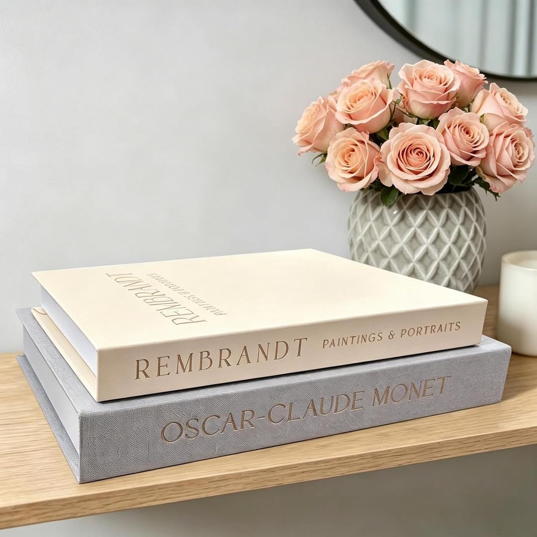 Decorative Books, Set of 2 Linen Fake/Faux Book Boxes with Hidden Storage, Magnetic Closure & Gold Letters - for Coffee Table, Bookshelf or Mantel Decor, Modern Neutral Design (Gray & Beige)