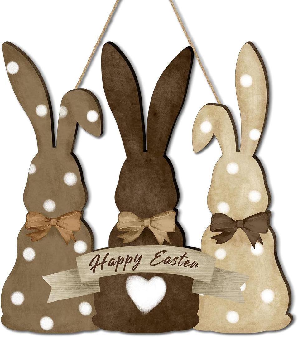 Menkxi Easter Wooden Hanging Sign Bunny Front Door Decor Happy Easter Rabbit Door Hanger Wreath Decoration for Wall Home Indoor Outdoor Spring Decor Supplies, 11.8 x 11.8 Inch