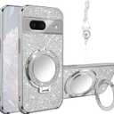 for Google Pixel 7 Case [MagSafe Compatible] Glitter Card Clear Back Cover with Ring Kickstand, Lanyard, Mirror Soft TPU Protective Cover for Google Pixel 7 Phone Case, Silver