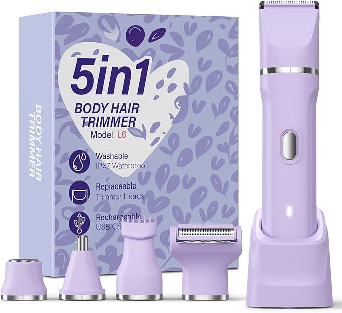 5-in-1 Bikini Trimmer for Women, IPX7 Waterproof Electric Razors Shaver, Cordless Body Hair Trimmer, Facial & Pubic Hair Removal, Ceramic Blade