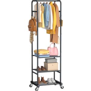 Clothes Rack with Wheels, Freestanding Garment Rack with 3 Metal Shelves for Hanging Clothes, Portable Hanging Rod for Small Room, Bedroom, Bathroom (Black)