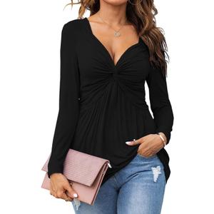 Tankaneo Women V-Neck Front Knotted Blouse Shirt Long Sleeve Elegant Casual T-Shirt Solid Color Pullover Tops (Black, XL)