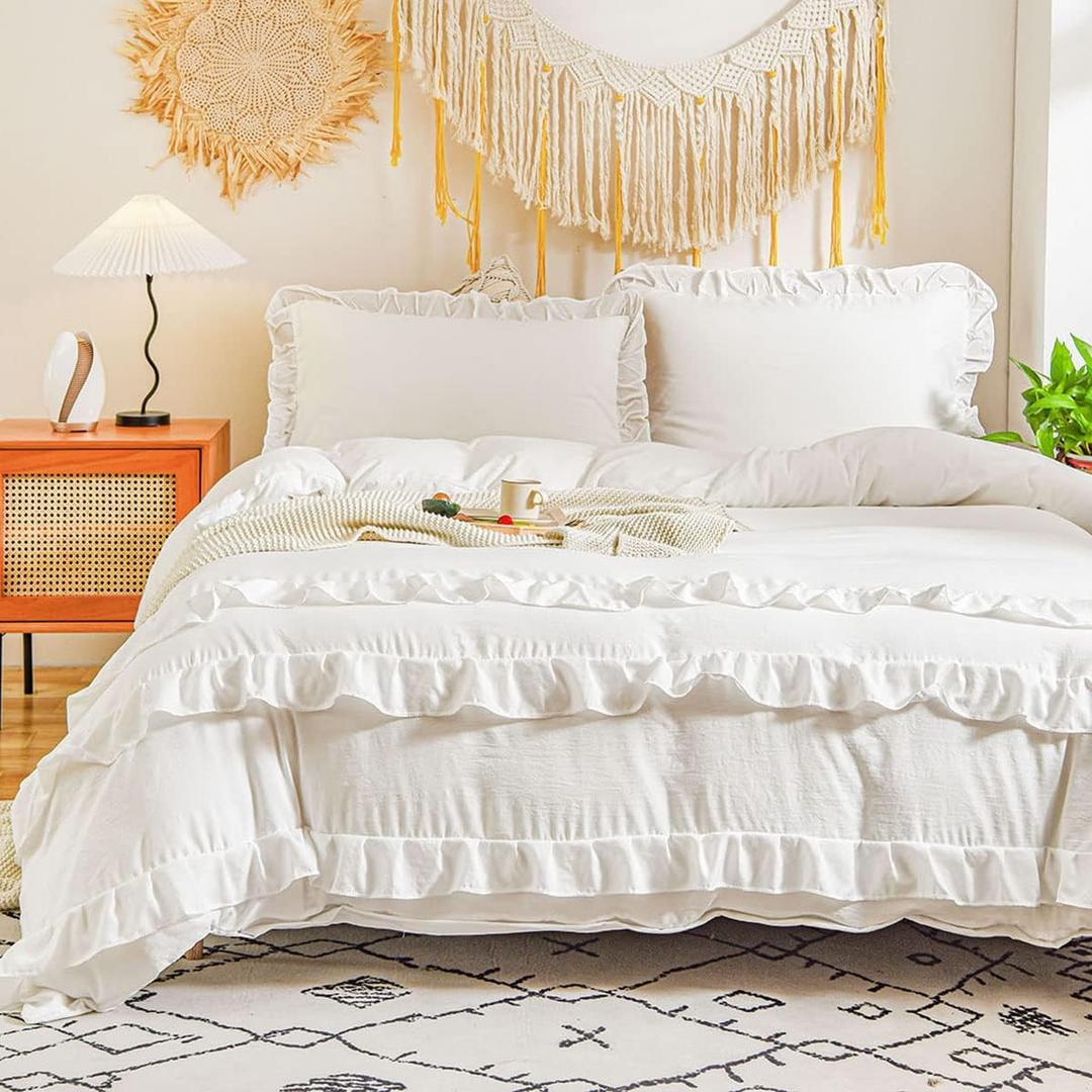 White Ruffle Duvet Cover Set King Size Solid Color Ivory White Comforter Cover Farmhouse Boho Aesthetic Shabby Chic Bed for All Seasons Soft Lightweight Microfiber Bed with Zipper Closure