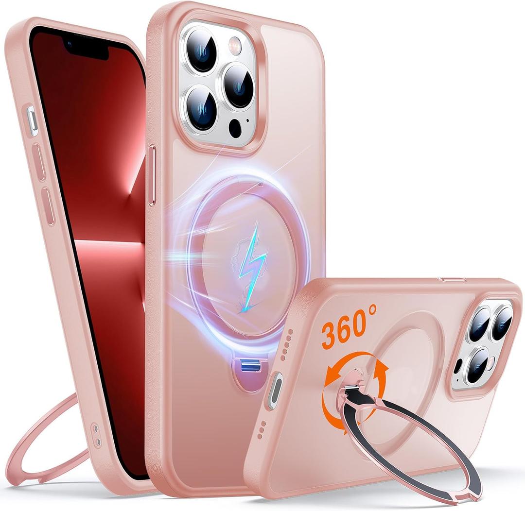 360 O-Ring MagStander for iPhone 13 Pro Case with Magnetic Kickstand Ring Holder [Compatible with MagSafe][360Rotate Stand Ring][Military Shockproof] iPhone 13 Pro Phone Cover Matte Pink