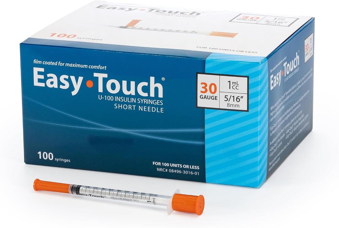 Easy Touch 30 Gauge U-100 Insulin Syringes (30G 1cc 5/16) with 5/16 Short Needle, 1cc (100 Unit Capacity), Bold Markings for Accurate Dosing, Disposable, Box of 100