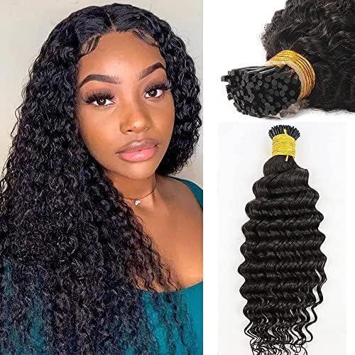 I Tip Hair Extensions Deep Wave 28Inch Long Human Hair Keratin Stick Tipped Hair Extensions Natural Black Deep Curly I Tip Virgin Hair Bundles for Women Real Remy Hair Extension 50gram 25Strands/Pack