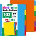 102 Pcs Colored Binder Dividers with Tabs, 1/6 Cut Tabs, Dividers for 3 Ring Binder, Blank Write On Binder Dividers in 6 Tab Sets, Letter Size, 102 Dividers, 17 Sets, Multicolor
