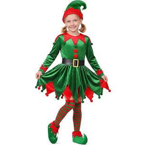 Christmas Kids Elf Costume, Girls Christmas Elf Costume Velvet Dress Cosplay Outfit 8-9Y