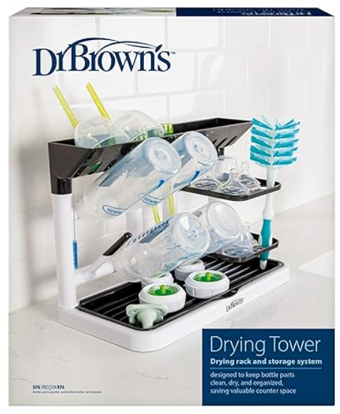Dr. Brown's Drying Tower, StandUp Drying Rack, Countertop Baby Bottle Drying with Organized Storage for Baby Essentials, Space Saving Vertical Rack