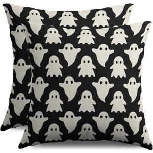 Halloween Ghosts Pillow Covers 18X18 Set of 2, Black Cream Ghost Spooky Throw Pillowcases Outdoor Holiday Scary Theme Pillow Cases Farmhouse Cushion Cases Couch Sofa Bed Home Decor