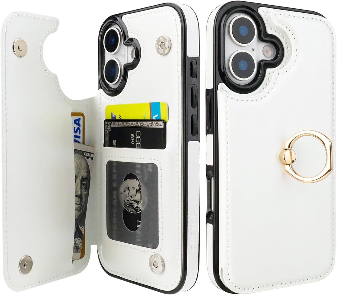 ONETOP for iPhone 17 Wallet Case with Card Holder, 360 Rotation Ring Kickstand RFID Blocking PU Leather Double Magnetic Clasp Shockproof Cover for Women and Girls 6.3 Inch (White)