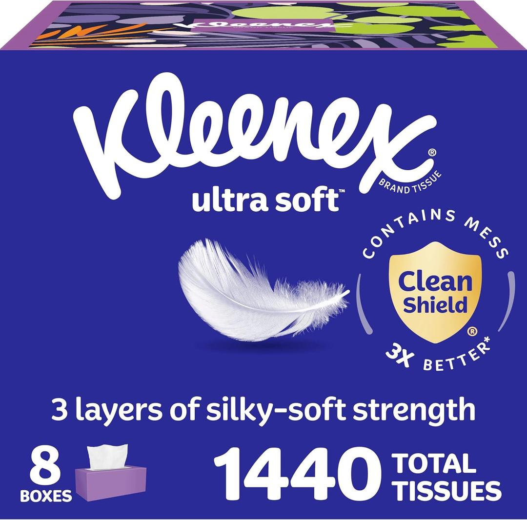Kleenex Ultra Soft Facial Tissues, 8 Flat Boxes, 180 Tissues per Box, 3-Ply, Packaging May Vary, White