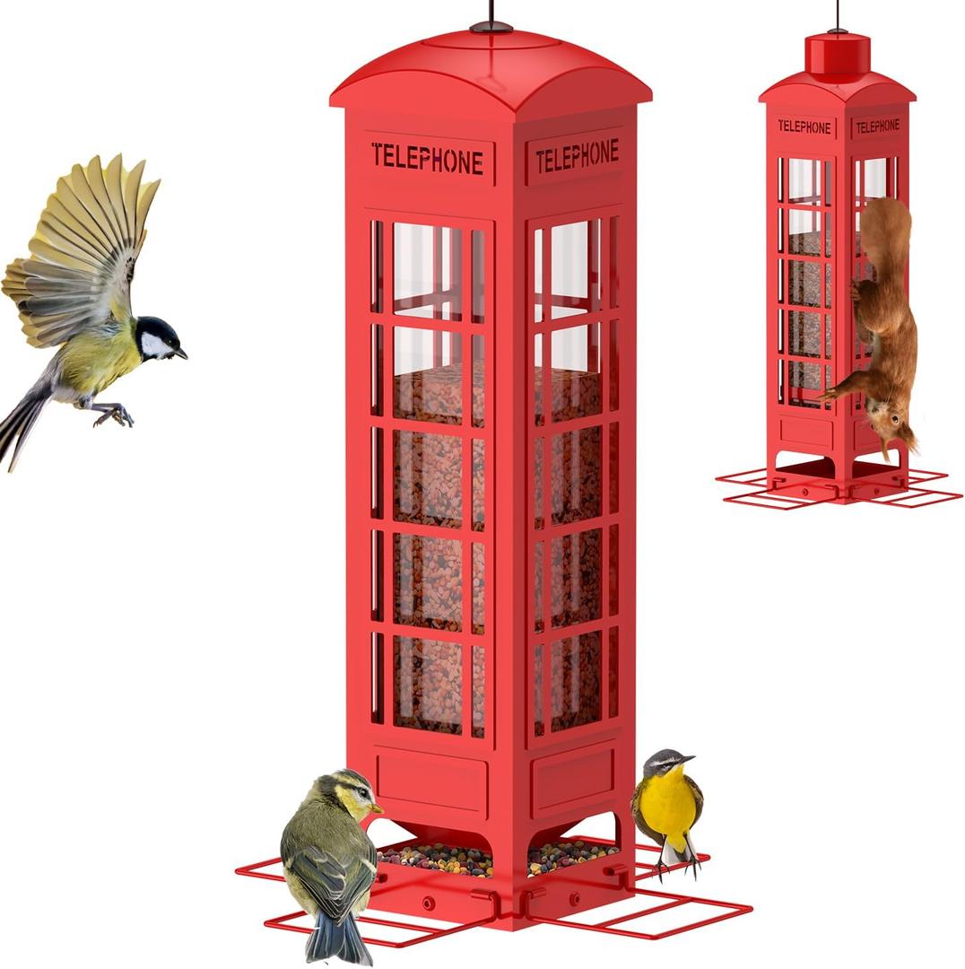 Squirrel Proof Bird Feeder, Weight-Activated Metal Mesh Cage Keeps Squirrels Out, 3LB Large Capacity Hanging Bird Feeder for Cardinals, Finches & Chickadees (Red)