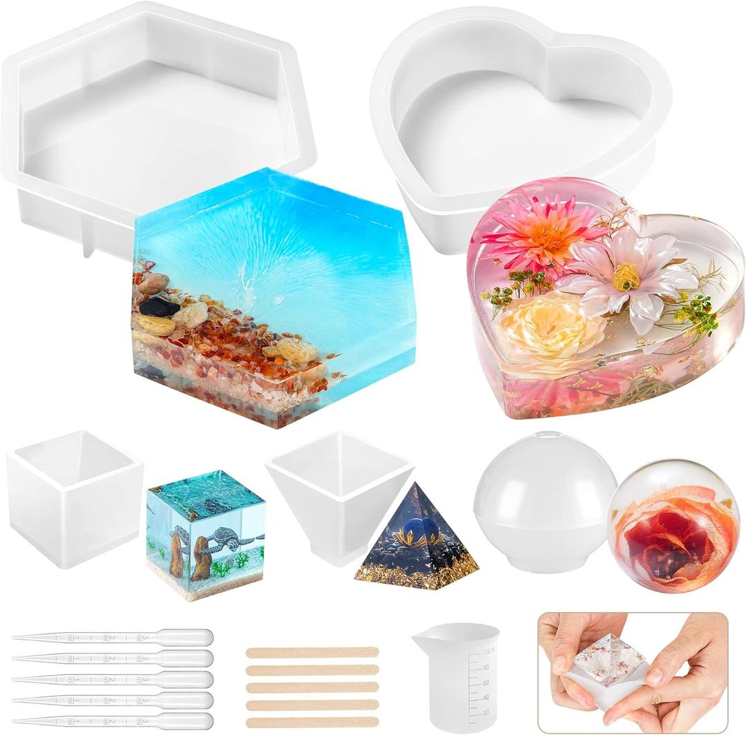Resin Molds Silicone Kit, 8 in 1 Large Silicone Molds for Epoxy Resin, Flowers Preservation, Ideal Resin Starter Kit Including Hexagon, Heart, Sphere, Pyramid, Cube and Set Tools Resin Molds Silicone Kit, 8 in 1 Large Silicone Molds for Epoxy Resin, Flowers Preservation, Ideal Resin Starter Kit Including Hexagon, Heart, Sphere, Pyramid, Cube and Set Tools