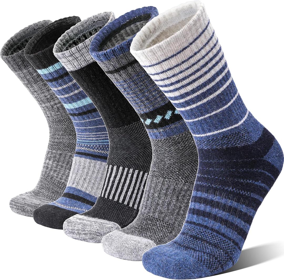 5 Pairs Merino Wool Hiking Socks Thermal Winter Warm Moisture Wicking Cushion Outdoor Socks for Women & Men (Large, Blue Grey Black Stripes)
