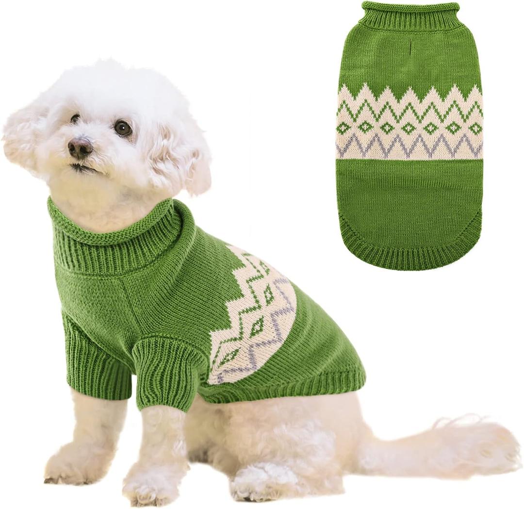 Queenmore Warm Dog Sweater, Soft Pet Knitwear, Knitted Pullover, Winter Pet Clothes for Small Medium Dogs Cats (Green)