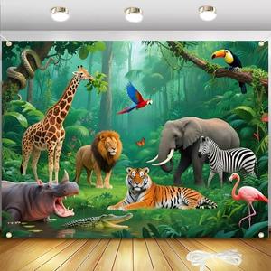 8x6ft Jungle Backdrop with 19.69ft Ribbon - Extra Large Rainforest Photography Background for Safari Party Decor, Kids Birthday, Baby Shower & Photo Booth Props