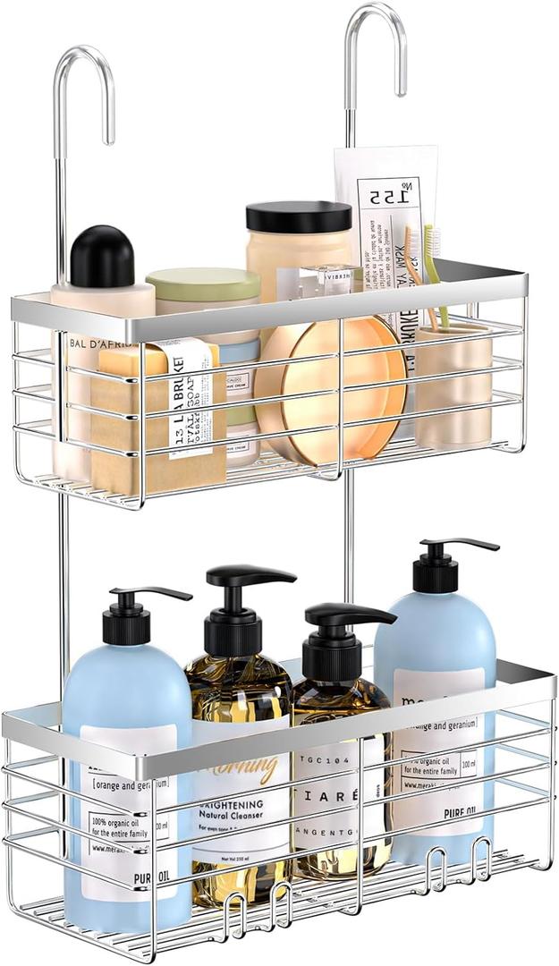 YUOROS Shower Caddy Hanging, 2 Tier Over the Door Shower Organizer Rack 304 Stainless Steel Rustproof (Elegant Silver)