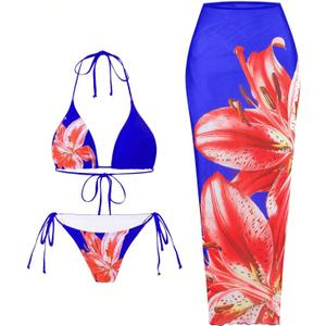 ZAFUL Womens 3pcs Swimsuit Floral Halter Triangle Bikini Top Tie Side Bottom with Long Sheer Cover Up Skirt, Small