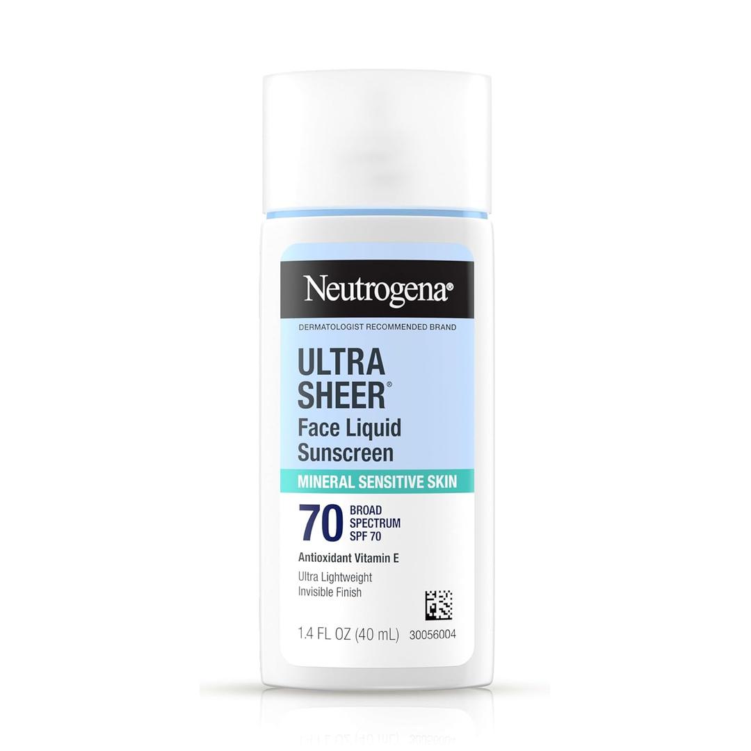 Neutrogena Ultra Sheer Liquid Mineral Sunscreen For Face, Lightweight, Broad Spectrum SPF 70 Facial Sunscreen for Sensitive Skin Leaves a Silky, Non-Greasy Finish, Oxybenzone-Free Sun Care, 1.4 fl. oz