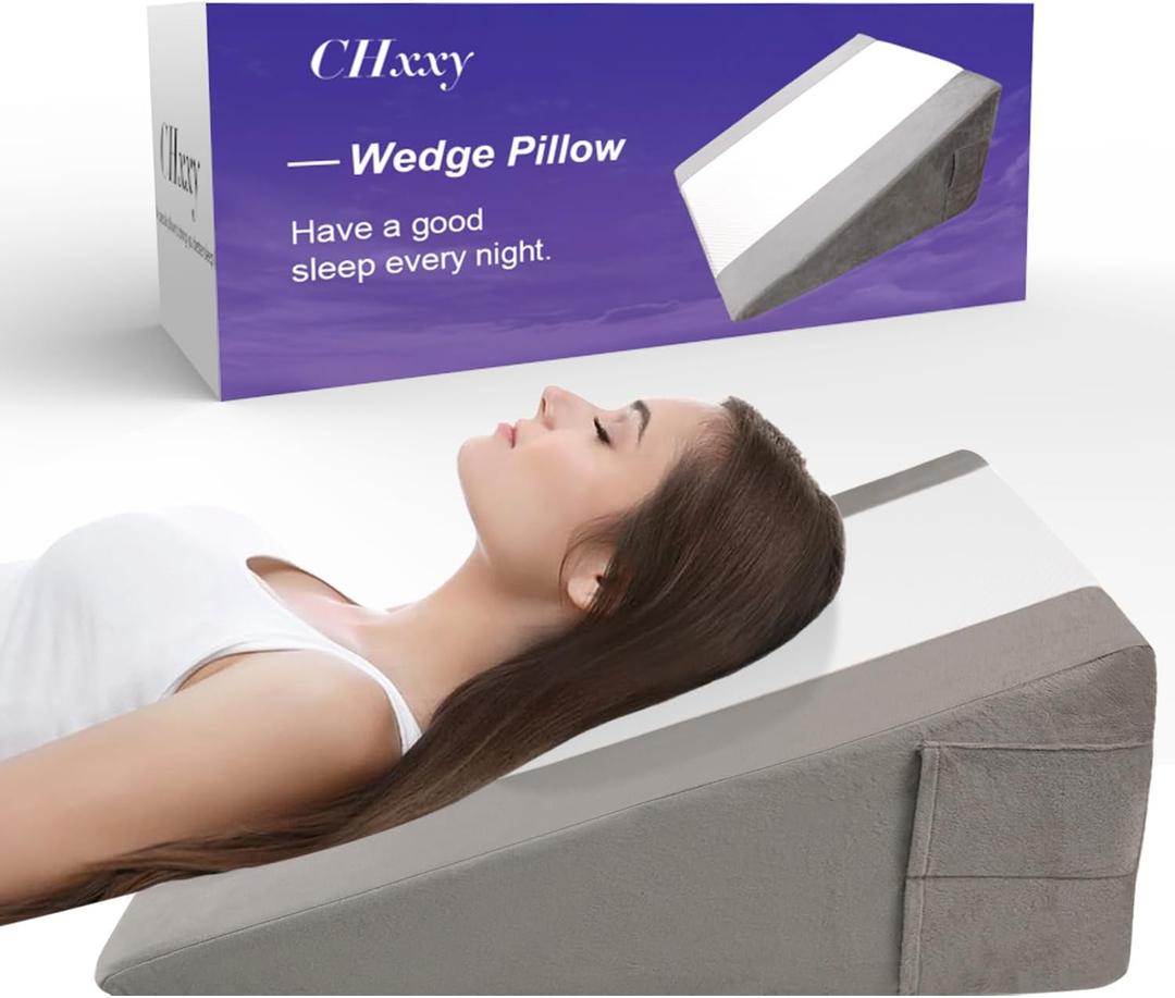 CHxxy Memory Foam Bed Wedge Pillow (10"x24"x24") - Acid Reflux & Back Pain Relief, Anti-Snoring Incline Design, Removable Washable Cover for Sleep & Post-Surgery Support (White&grey)