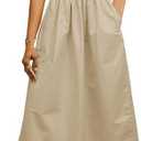 Wenrine Women Summer Spaghetti Strap Dress Sleeveless Tie Smocked Sundress A Line Vacation Beach Midi Dresses Khaki, M