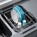 Apartment RV Small Dish Drainer Drying Rack Over The Sink In Stainless Steel for Narrow Kitchen, Counter Space Saving Compact Expandable Metal Plate Dryer Strainer, Modern Above Wire Drain Holder (Silver)