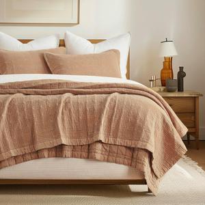 EVERGRACEHOME Stonewashed Cotton Quilt Set Full Queen Size, Ultra Soft Oversized Bedspread Coverlet Set, Lightweight Crinkle Box Stitch Bedding Sets for All Season, with 2 Shams, Terracotta