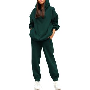 Linsery Women Hoodies Sweatsuit Long Sleeve Hooded Matching Joggers Sweatpants 2 Piece Tracksuit Sets (Large, Dark Green)