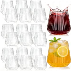 Tebery 20 Pack Plastic Ribbed Wine Glasses, 12 Oz Unbreakable Stemless Cocktail Cups for Party, Disposable Reusable Origami Style Ridged Drinking Tumbler for Champagne Catering Wedding Picnic Bar