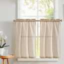 Vangao Stripe Farmhouse Kitchen Curtains 24 Inch Length Linen Cafe Curtains Tickingstripe Tier Drapes Pinstripe Semi-Sheer Window Treatments Rod Pocket 2 Panels Taupe on Beige