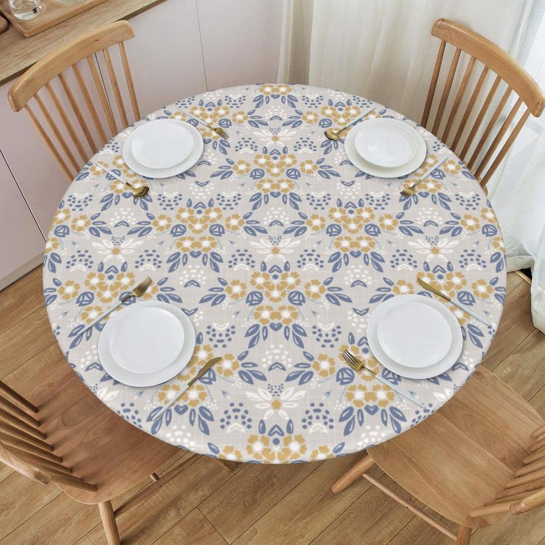Elastic Edged Round Fitted Daisy White Blue Chic Floral Table Cloth Cover for Indoor Outdoor Kitchen Party, Waterproof Wipeable Tablecloth for 45"- 50" Tables,Medium