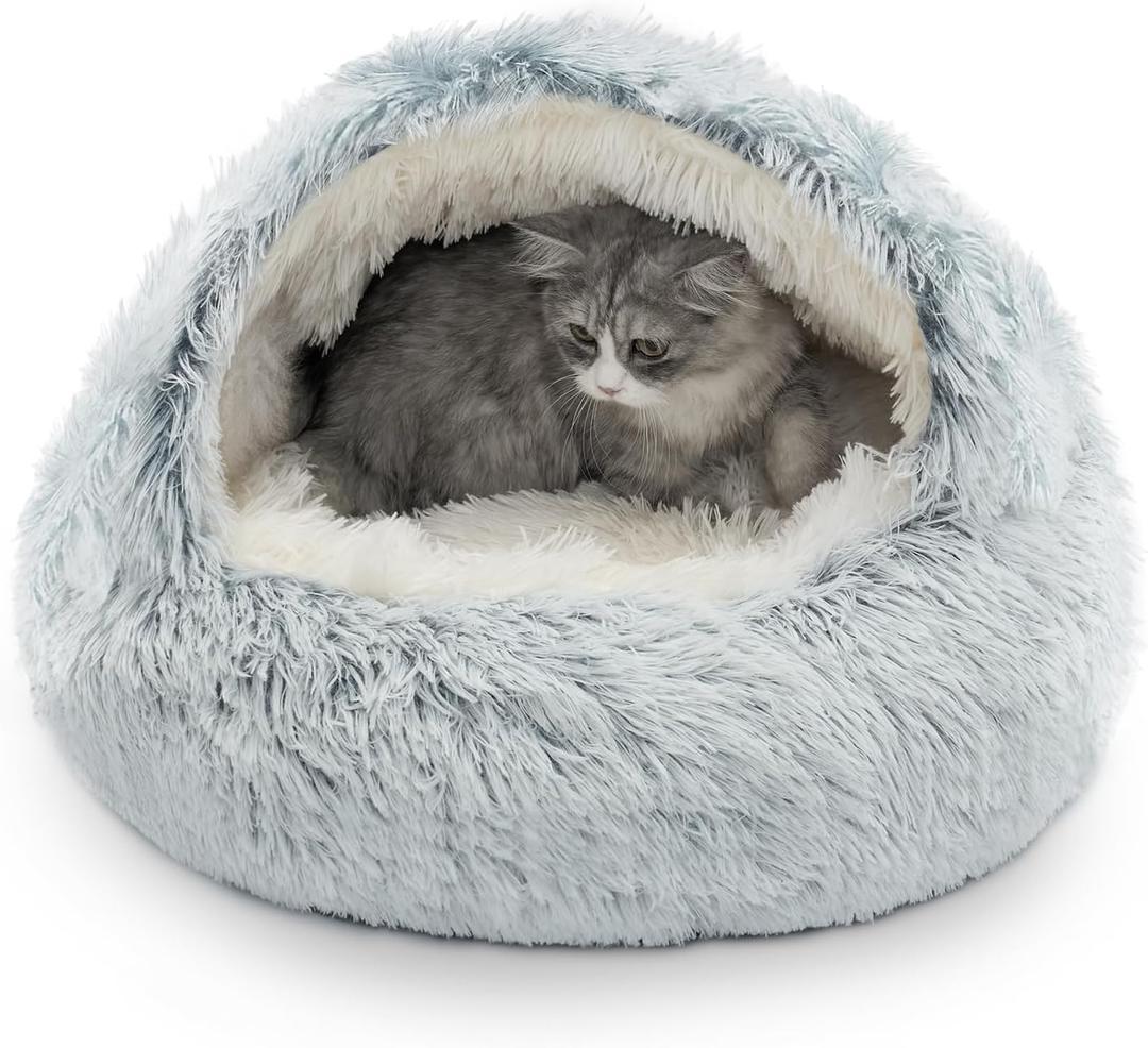 CATISM Cozy Plush Hooded Cat Bed, Indoor/Outdoor, Self-Warming Cave, Removable Washable Non-Slip Bottom (25.0"L x 25.0"W x 19.0"Th, gray)