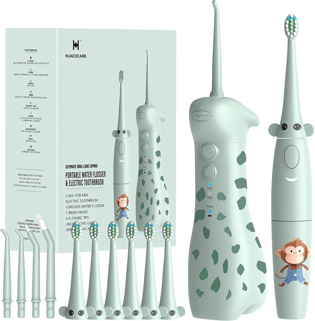 Kids Water Flosser & Electric Toothbrush Combo for Ages 6-12,Children Oral Irrigator with 3 Gentle Modes & 2 Sonic Modes,Braces-Friendly Dental Kit for Boys & Girls (Giraffe & Monkey Design)